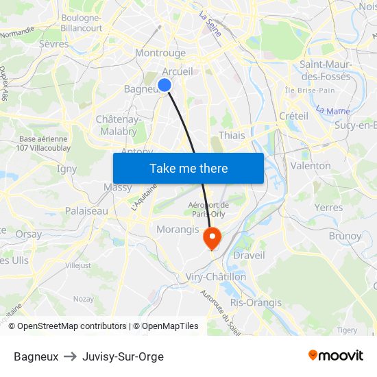 Bagneux to Juvisy-Sur-Orge map