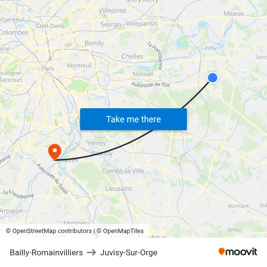 Bailly-Romainvilliers to Juvisy-Sur-Orge map