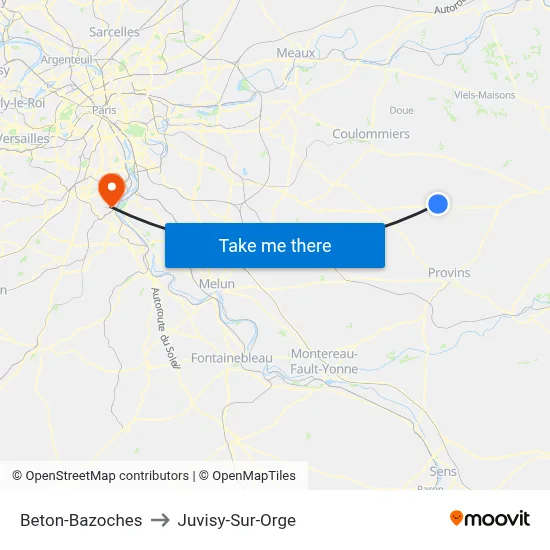 Beton-Bazoches to Juvisy-Sur-Orge map