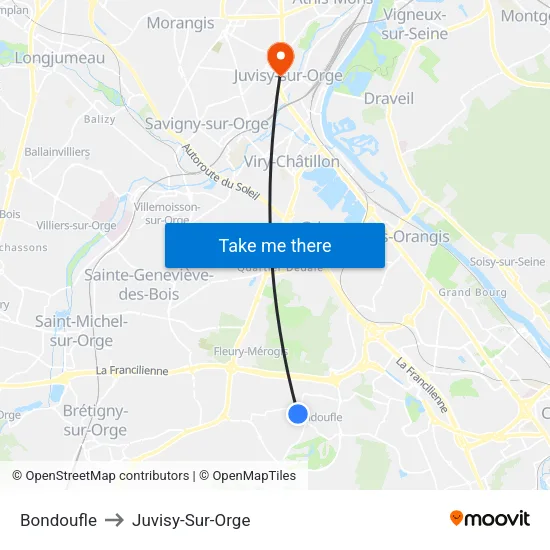 Bondoufle to Juvisy-Sur-Orge map