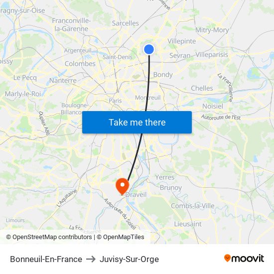 Bonneuil-En-France to Juvisy-Sur-Orge map