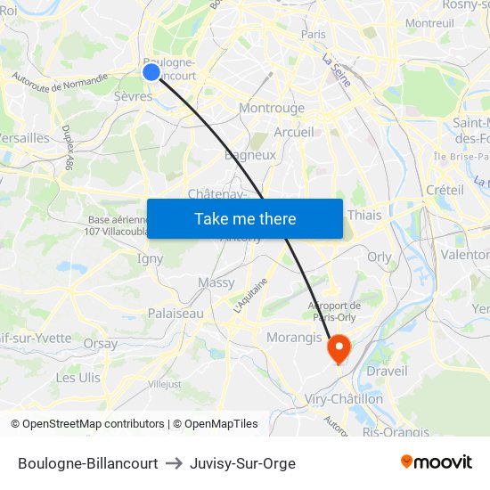 Boulogne-Billancourt to Juvisy-Sur-Orge map