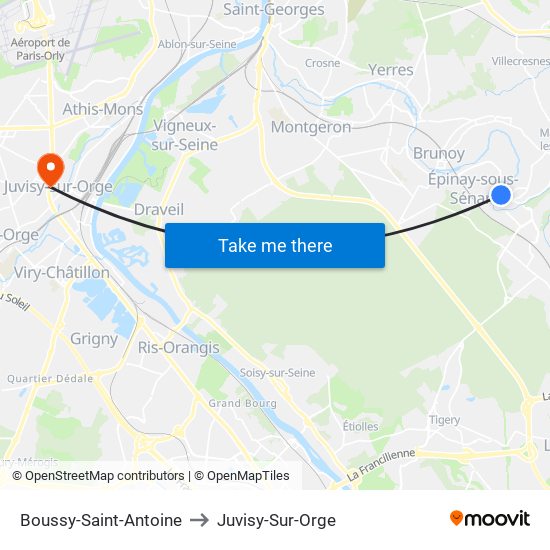 Boussy-Saint-Antoine to Juvisy-Sur-Orge map