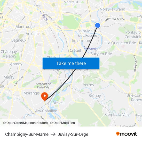 Champigny-Sur-Marne to Juvisy-Sur-Orge map