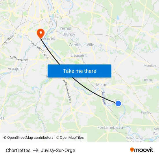 Chartrettes to Juvisy-Sur-Orge map