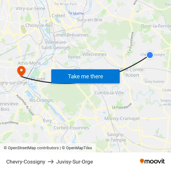 Chevry-Cossigny to Juvisy-Sur-Orge map