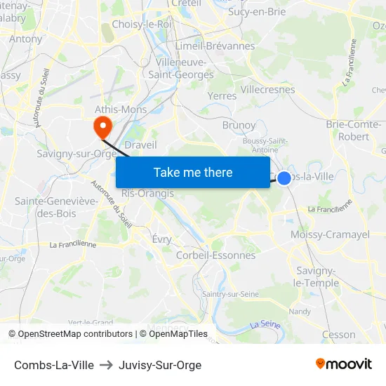 Combs-La-Ville to Juvisy-Sur-Orge map