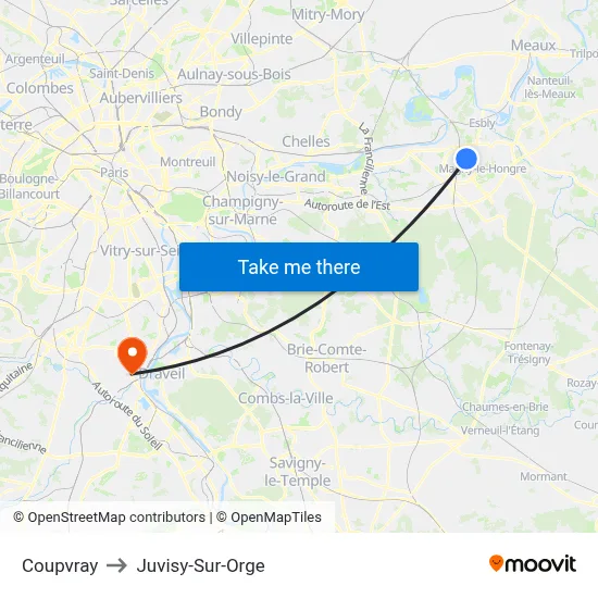 Coupvray to Juvisy-Sur-Orge map