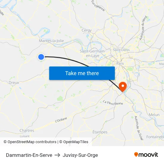 Dammartin-En-Serve to Juvisy-Sur-Orge map