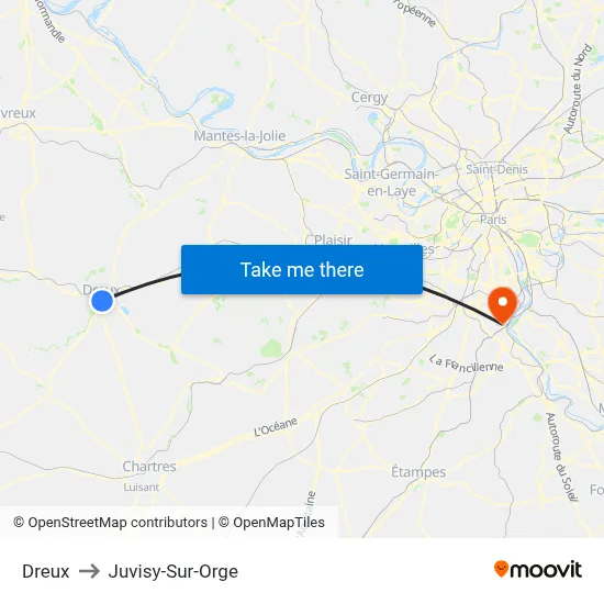 Dreux to Juvisy-Sur-Orge map