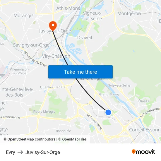 Evry to Juvisy-Sur-Orge map