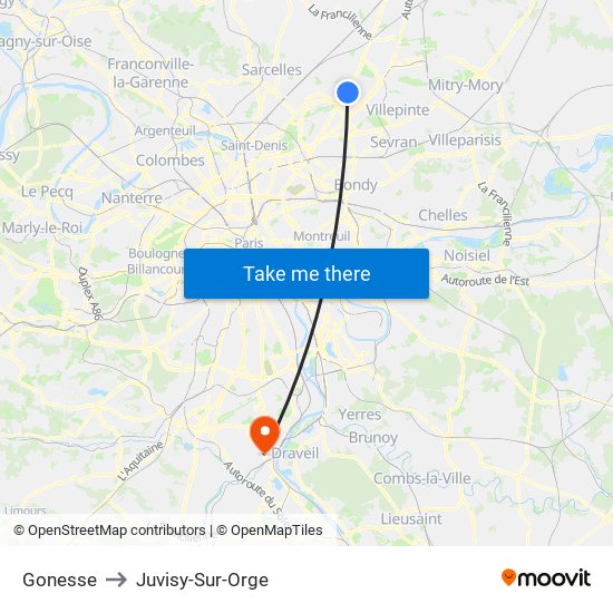 Gonesse to Juvisy-Sur-Orge map