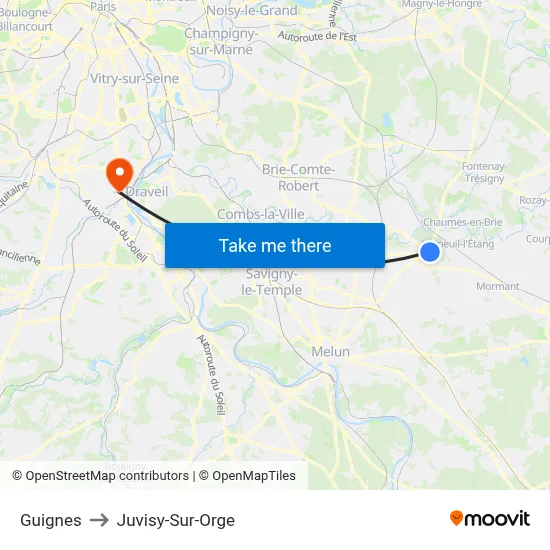 Guignes to Juvisy-Sur-Orge map