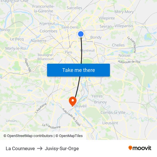 La Courneuve to Juvisy-Sur-Orge map