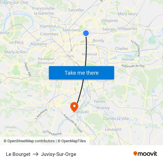 Le Bourget to Juvisy-Sur-Orge map