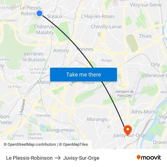 Le Plessis-Robinson to Juvisy-Sur-Orge map