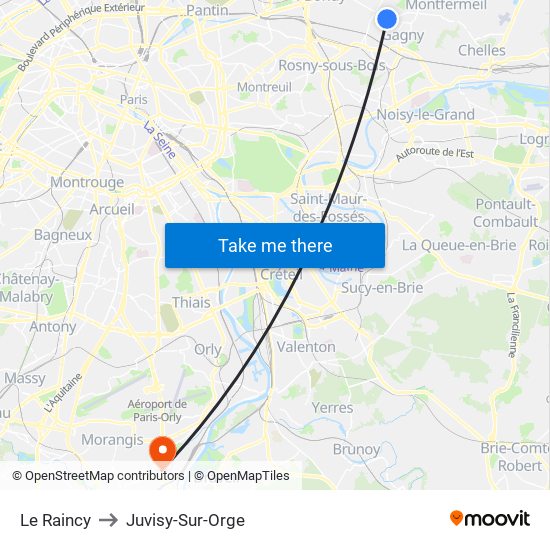 Le Raincy to Juvisy-Sur-Orge map