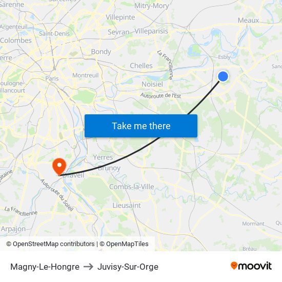 Magny-Le-Hongre to Juvisy-Sur-Orge map