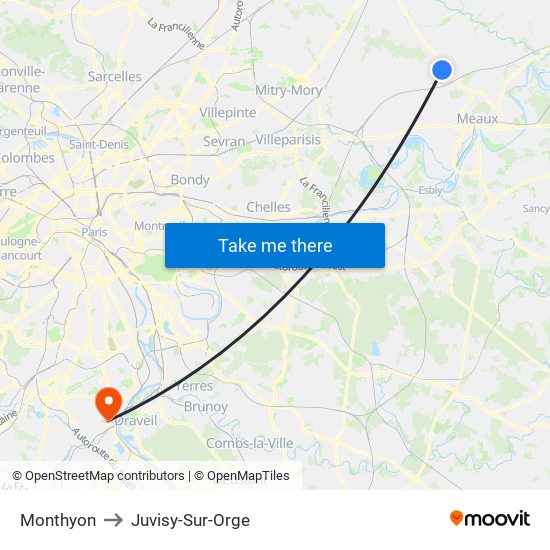 Monthyon to Juvisy-Sur-Orge map