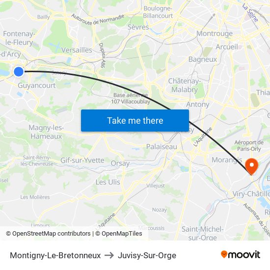 Montigny-Le-Bretonneux to Juvisy-Sur-Orge map