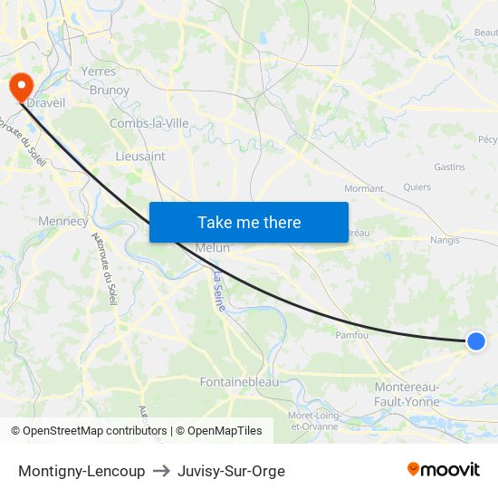 Montigny-Lencoup to Juvisy-Sur-Orge map