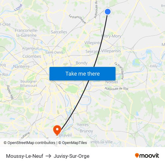 Moussy-Le-Neuf to Juvisy-Sur-Orge map