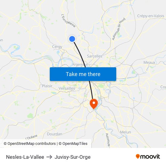 Nesles-La-Vallee to Juvisy-Sur-Orge map