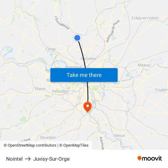 Nointel to Juvisy-Sur-Orge map