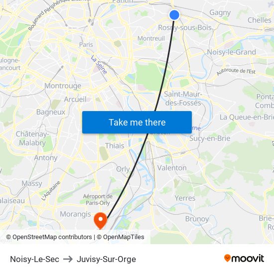 Noisy-Le-Sec to Juvisy-Sur-Orge map