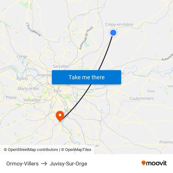 Ormoy-Villers to Juvisy-Sur-Orge map