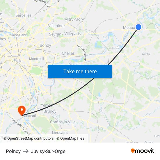 Poincy to Juvisy-Sur-Orge map