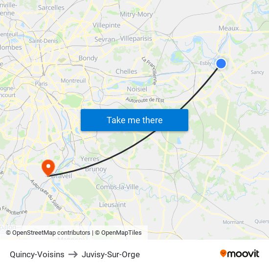 Quincy-Voisins to Juvisy-Sur-Orge map