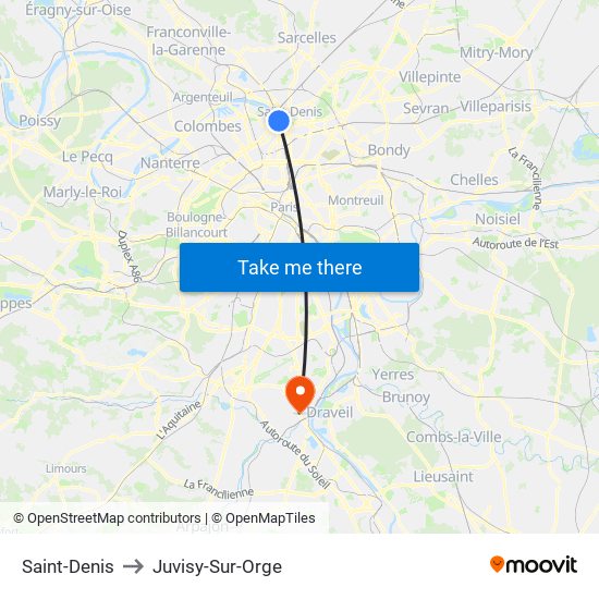 Saint-Denis to Juvisy-Sur-Orge map
