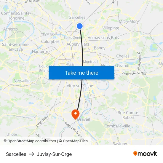 Sarcelles to Juvisy-Sur-Orge map