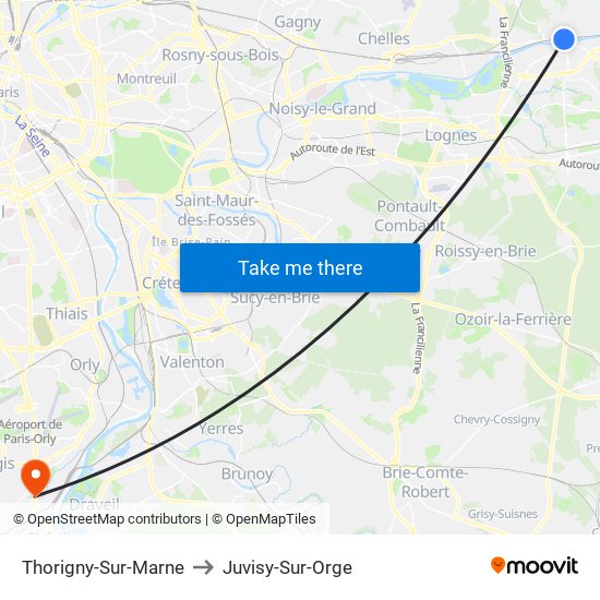 Thorigny-Sur-Marne to Juvisy-Sur-Orge map