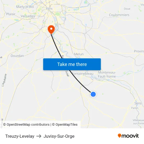 Treuzy-Levelay to Juvisy-Sur-Orge map