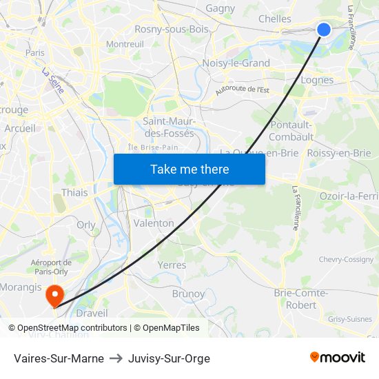 Vaires-Sur-Marne to Juvisy-Sur-Orge map