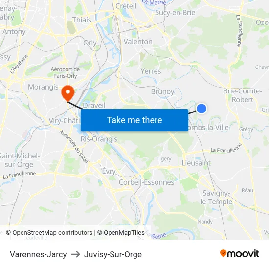 Varennes-Jarcy to Juvisy-Sur-Orge map