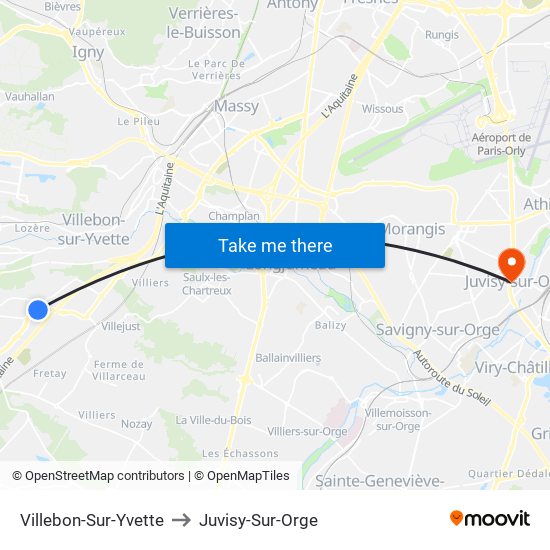 Villebon-Sur-Yvette to Juvisy-Sur-Orge map