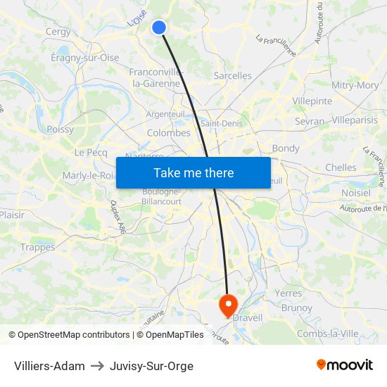 Villiers-Adam to Juvisy-Sur-Orge map