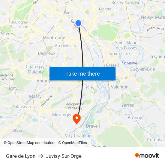 Gare de Lyon to Juvisy-Sur-Orge map