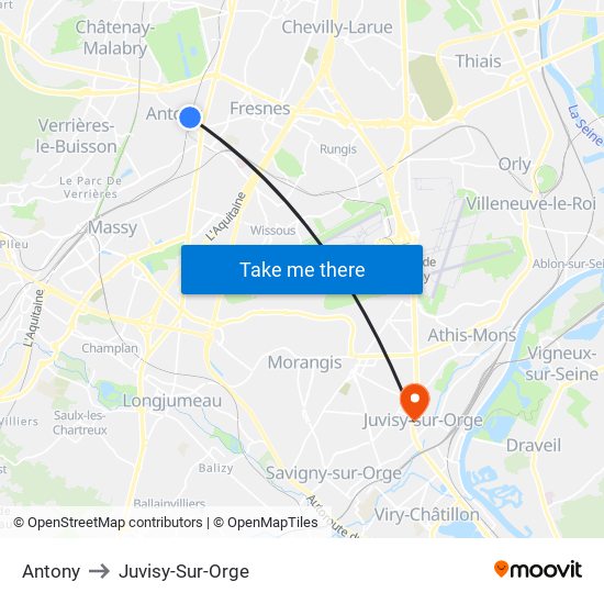 Antony to Juvisy-Sur-Orge map