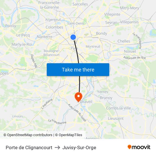 Porte de Clignancourt to Juvisy-Sur-Orge map