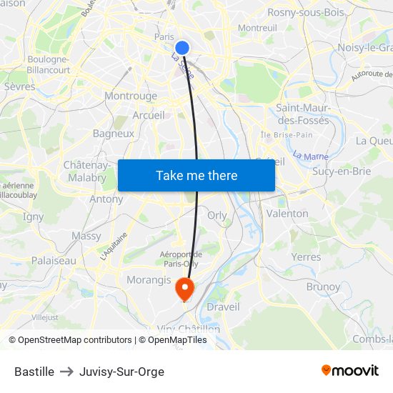 Bastille to Juvisy-Sur-Orge map