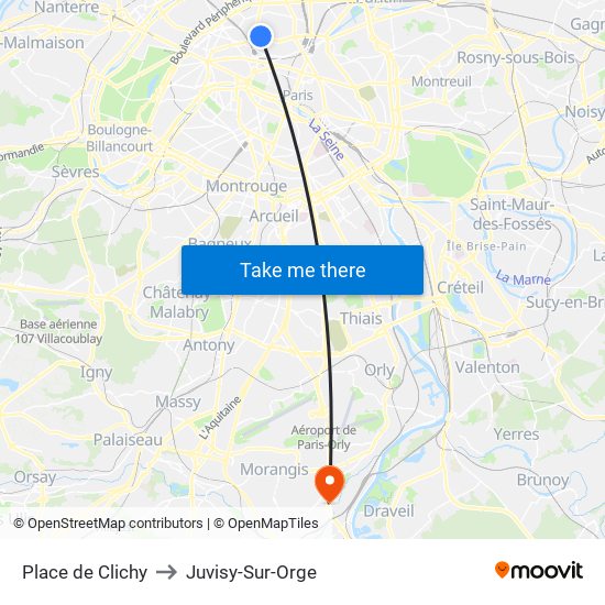 Place de Clichy to Juvisy-Sur-Orge map