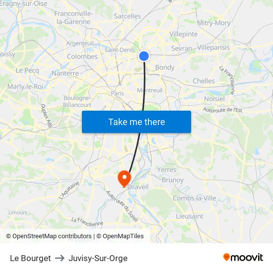 Le Bourget to Juvisy-Sur-Orge map
