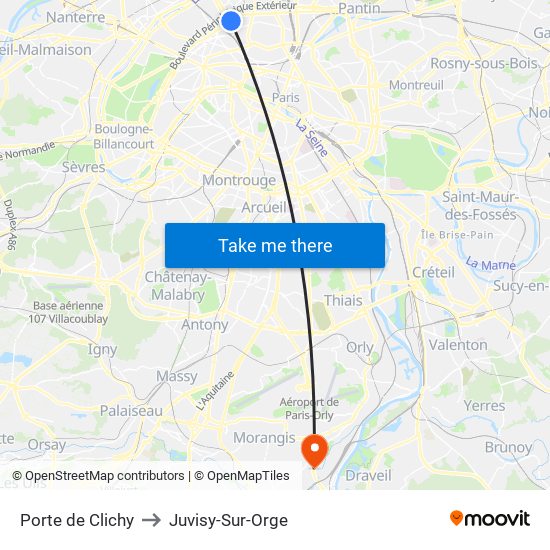 Porte de Clichy to Juvisy-Sur-Orge map