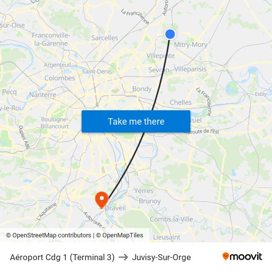 Aéroport Cdg 1 (Terminal 3) to Juvisy-Sur-Orge map