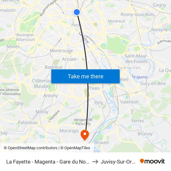 La Fayette - Magenta - Gare du Nord to Juvisy-Sur-Orge map