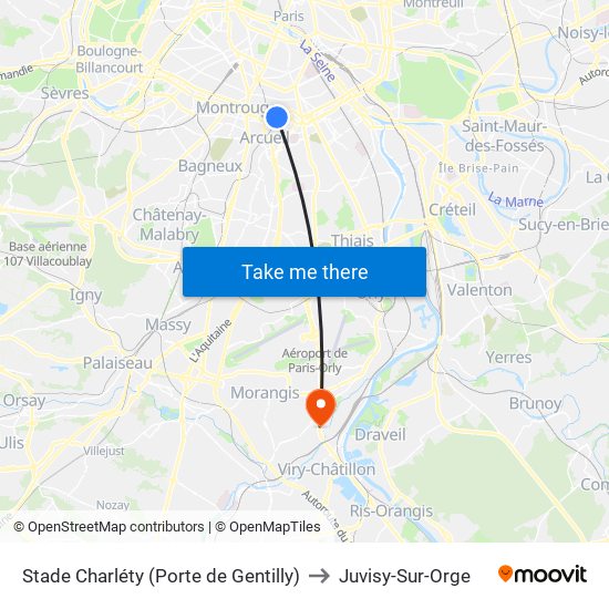 Stade Charléty (Porte de Gentilly) to Juvisy-Sur-Orge map